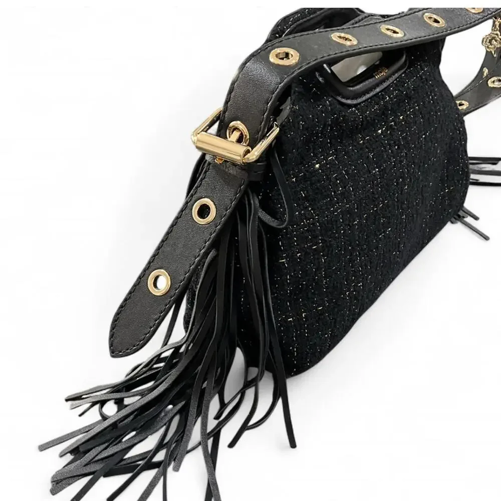 NWT MAJE Black Gold Metallic Tweed Crossbody Shoulder Bag Purse Leather Tassel - Picture 4 of 10